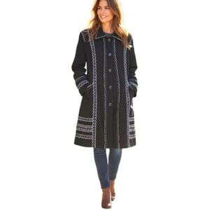 Simon Chang Black Trench Coat Taillored Wool Blend White Embroidery *Small Sz 14